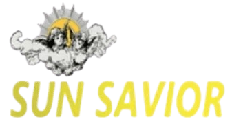 Logo with two angels in front of a yellow sun and gray clouds, above the words SUN SAVIOR in large yellow letters.
