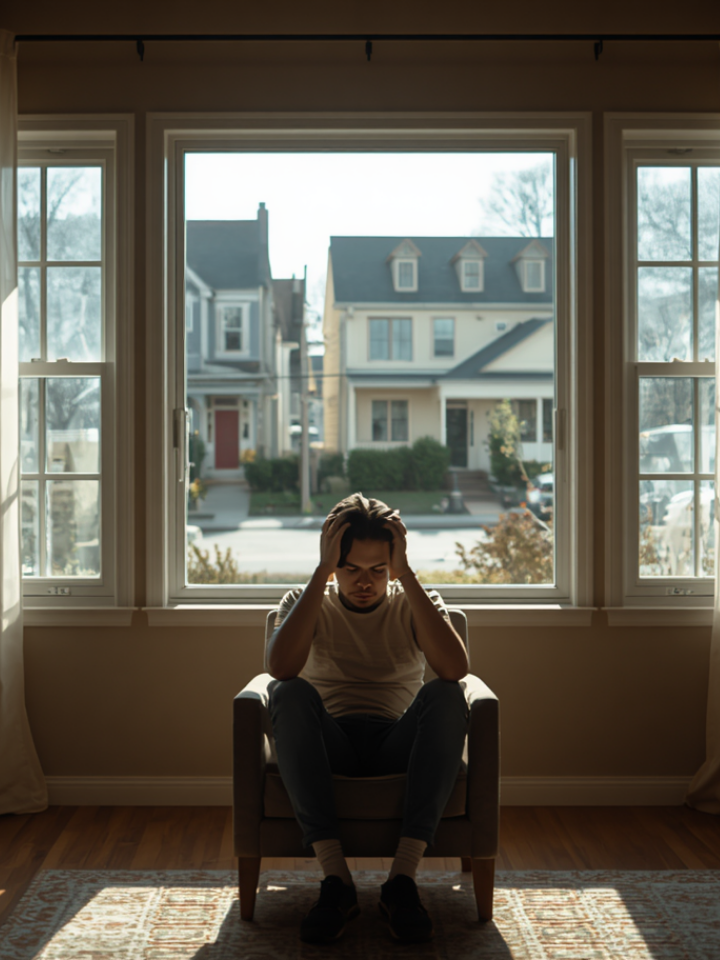 A person sits in an armchair in front of a large window, holding their head in their hands, appearing stressed or deep in thought. Sunlight streams in, and houses are visible outside the window.