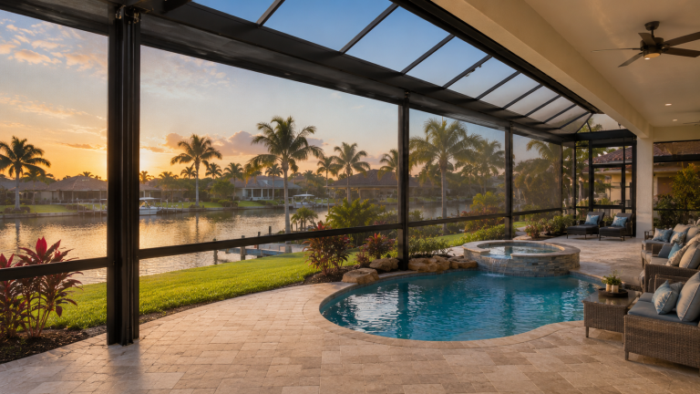 Motorized retractable screen enclosing a pool deck in Fort Myers Florida