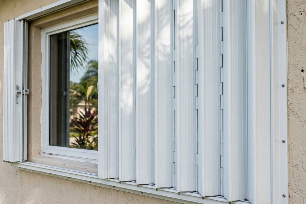 A close-up of a beige house exterior in Florida, with white metal hurricane shutters and motorized screens partially covering a window, reflecting palm trees and outdoor scenery.