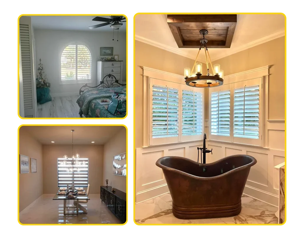 A collage of three rooms—like a gallery—features a bedroom with a metal bed and arched window, dining area with chandelier, and bathroom with a copper tub; all are accented by white plantation shutters from Central Florida Awnings.