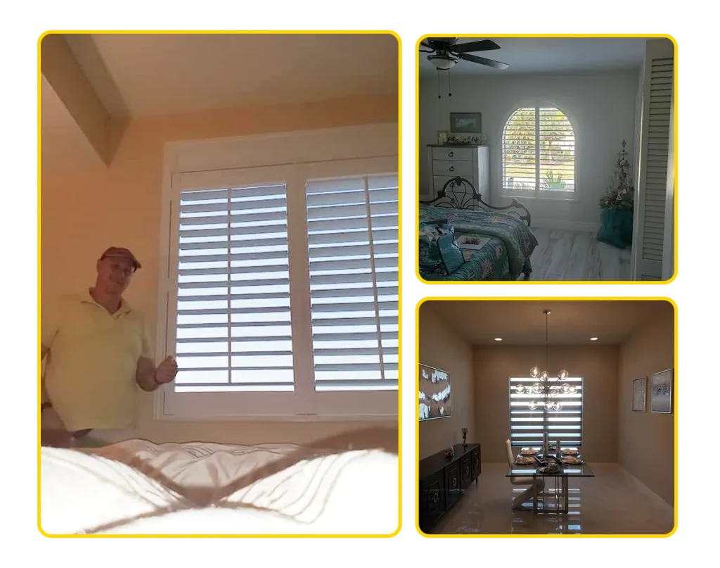A collage of three photos: a man in a yellow shirt stands by window shutters; a bright bedroom with an arched window and bed; and a dining room with a chandelier, all featuring shutters by Gallery Central Florida Awnings.