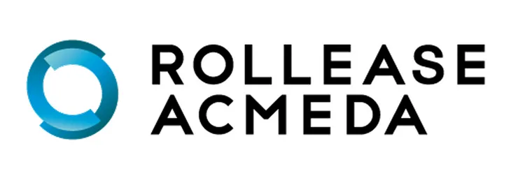 Logo for Rollease Acmeda featuring a blue circular design on the left and bold black text ROLLEASE ACMEDA on the right, all on a white background.